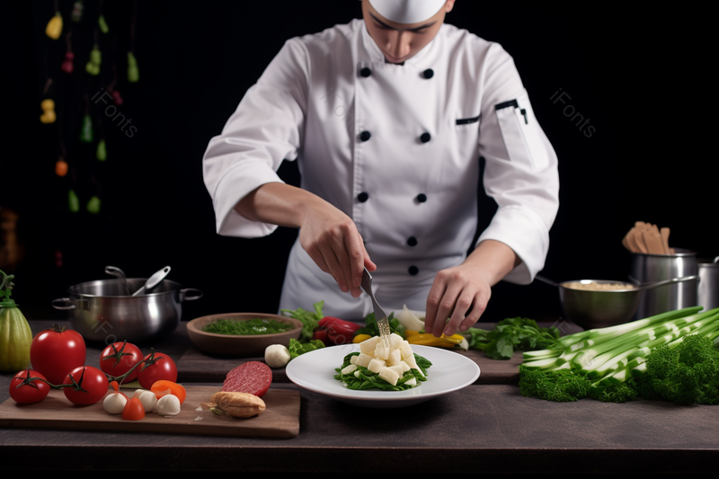 男厨师处理菜品食材的职业形象特写摄影图,高清,摄影图,摄影图片,图片大全,摄影图免费下载